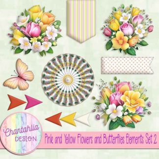 Pink and Yellow Flowers and Butterflies Elements Set 2