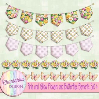 Pink and Yellow Flowers and Butterflies Elements Set 4