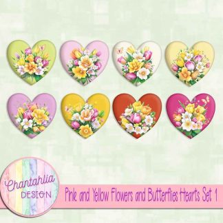 Pink and Yellow Flowers and Butterflies Hearts Set 1