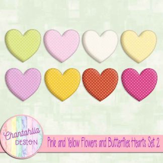 Pink and Yellow Flowers and Butterflies Hearts Set 2