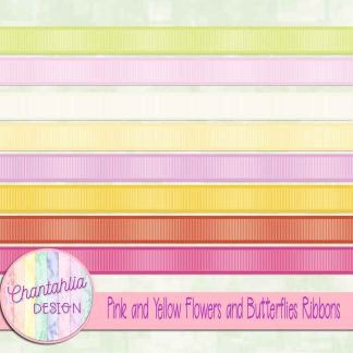 Pink and Yellow Flowers and Butterflies Ribbons