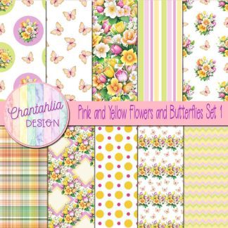 Pink and Yellow Flowers and Butterflies Digital Papers Set 1