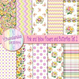 Pink and Yellow Flowers and Butterflies Digital Papers Set 2