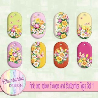Pink and Yellow Flowers and Butterflies Tags Set 1