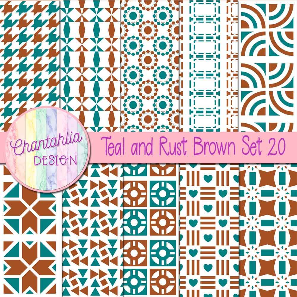 Free digital papers in various patterns in teal and rust brown