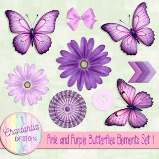 Pink and Purple Butterflies Elements Set 1