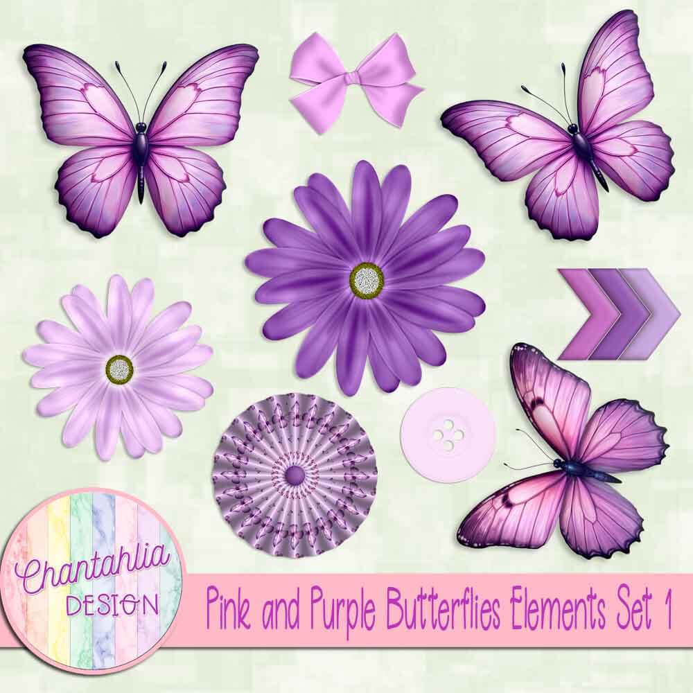 Pink and Purple Butterflies Elements Set 1